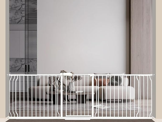 Extra Wide Baby Gate 85.8-104.5 Inch, Pressure Mounted No Drilling, for Stairs & Doorways, Metal White Indoor Safety Gate for Kids and Dogs