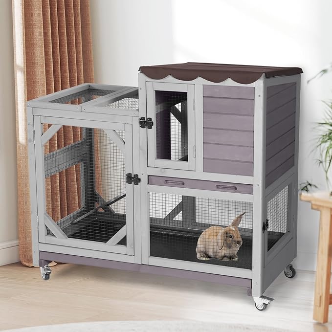 Aivituvin Rabbit Cage Indoor Outdoor Bunny Hutch on Wheels, 2 Story Wood Guinea Pig Cages with 2 Deeper Pull Out Trays (Gray)