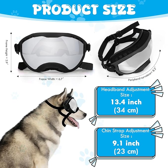 Dog Goggles for Large Dogs, UV Wind Dust Fog Protection, Soft Frame Adjustable Dog Sunglasses, Summer Driving & Winter Snow Eyewear, Tactical Pet Glasses with Elastic Strap (Black)