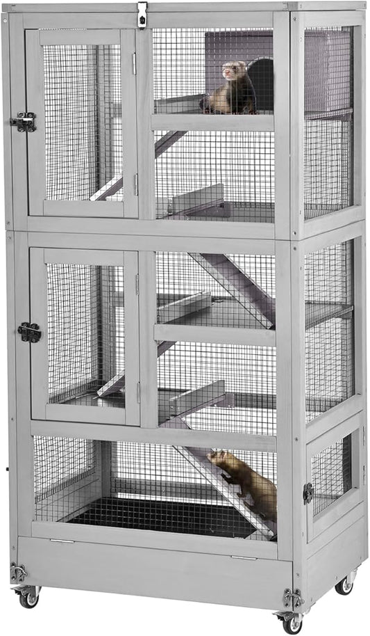Ferret Cage Rat Cage Indoor Outdoor, Large Guinea Pig Cages with 5 Levels, Wooden Chinchilla Cage with Wheels for Hamster, Chameleon, Gerbils and Other Small Animals Anti-Chewing