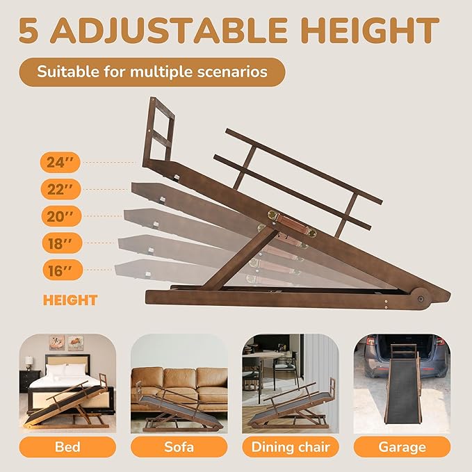 Dog Ramp for Bed, Adjustable Pet Ramps for Dog to Get on Bed, Non-Slip Rubber Surface - Folding Wooden Dog Ramp for Small/Large/Old Dogs, Adjustable up to 23.5 inch High Beds, Safety Railings