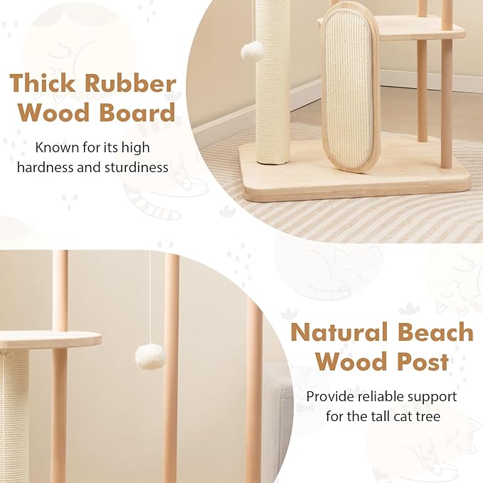 Tangkula Wood Cat Tree for Indoor Cats, Multi-Level Modern Cat Tower with Sisal Scratching Board & Post, Padded Perch, Platform, Hanging Toy, Minimalist Kitten Activity Center for Small & Medium Cats