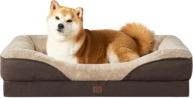 EHEYCIGA Memory Foam Dog Bed for Large Sized, Orthopedic Dog Sofa with Sides and Waterproof Liner, Washable Bolster Pet Bed Couch with Removable Cover, 36x27x7 Inch, Brown