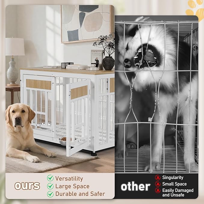 Dog Crate Furniture End Table, 38 Inch Hidden Kennel Cabinet with Removable Tray, Thickened Metal Frame Dog Cage, Dual-Purpose Pet House & Nightstand for Living Room