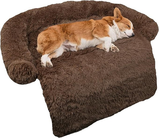 GGIB Calming Dog Bed Fluffy Plush Dog Mat for Furniture Protector with Removable Washable Cover for Large Medium Small Dogs and Cats (Medium, Coffee)