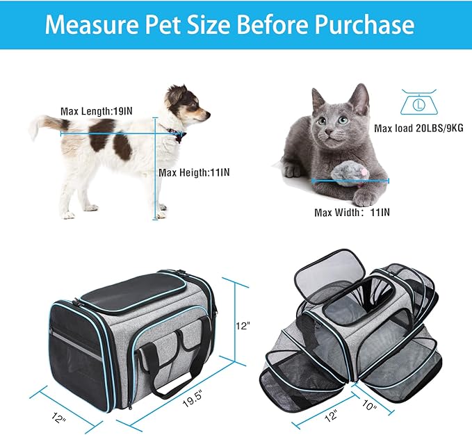 Airline Approved Pet Carrier, Large Soft Sided Pet Travel TSA Carrier 4 Sides Expandable Cat Collapsible Carriers with Removable Fleece Pad and Pockets for Cats Dogs and Small Animals