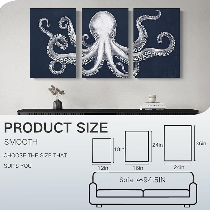 Octopus Wall Decor, Octopus Canvas Wall Art, Ocean Wall Decor,Sea Animal Canvas to Paint for Bathroom, Living Room, Bedroom (16" x 24" x 3 pcs)