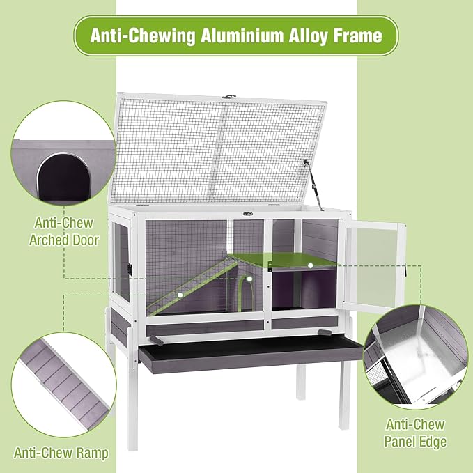 GUTINNEEN Indoor Guinea Pig Cage Rabbit Hutch with Chew-Proof Ramp, 2-Story Wooden Bunny House with Pull-Out Trays & Leakproof PVC Layer, Small Animal Cages with Detachable Legs (Gray)