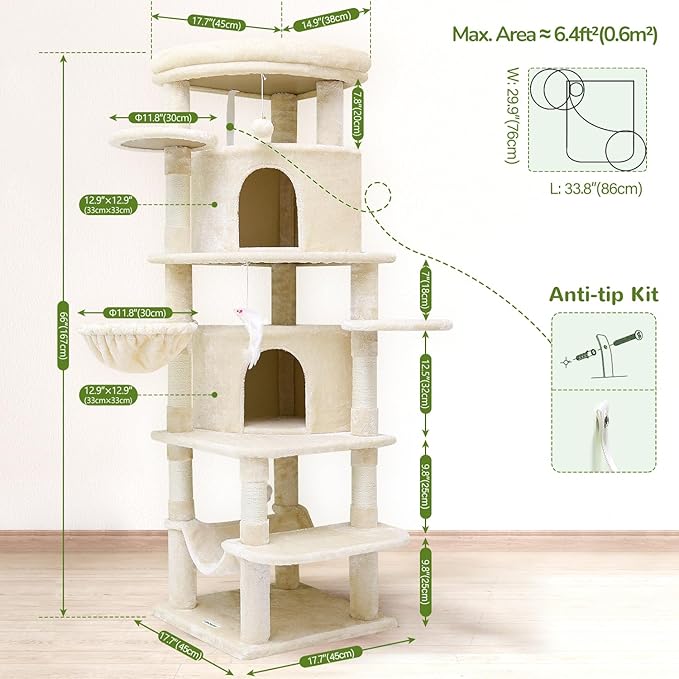 Globlazer Corner Cat Tree for Large Cats, 66inch Tall Curved Series Large Cat Tower for Multiple Indoor Cats with 6 Scratching Posts, 2 Spacious Cat Condos, Hammock, Hanging Basket, C66, Beige