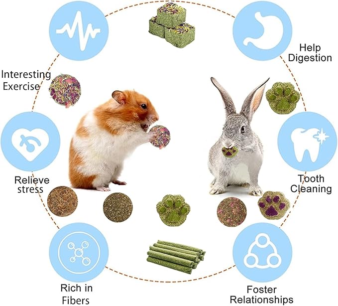 Grddaef Rabbit Toys, Guinea Pig Toys 25 Pcs Natural Timothy Hay Bunny Chews and Treats for Hamster Chinchilla Gerbil