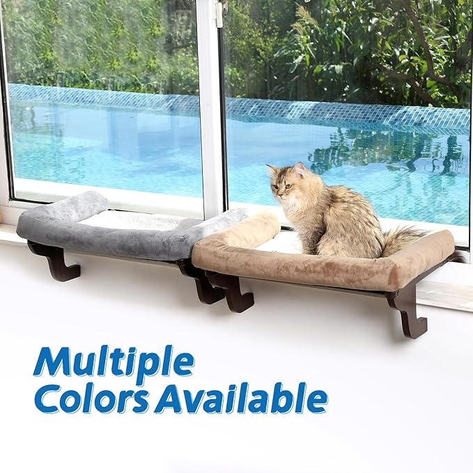 Cat Perch for Window Sill with Bolster - Orthopedic Hammock Design with Premium Hardwood & Robust Metal Frame - Cat Window Seat for Large Cats and Kittens - Dark Stained Wood with Brown Bed