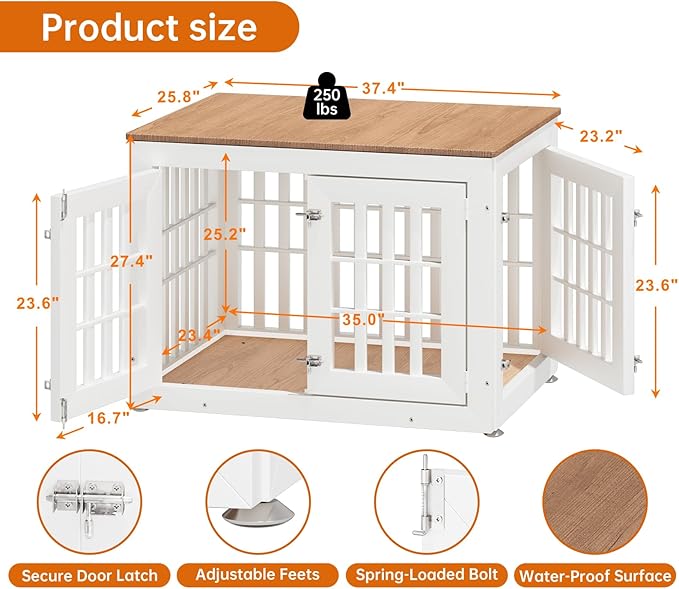 32" Heavy Duty Dog Crate Furniture for Small,Medium and Large Dogs,Rustic Wooden Dog Cage Kennel Indoor Furniture with Waterproof Top,Decorative Pet House Side End Table (White & Wood)