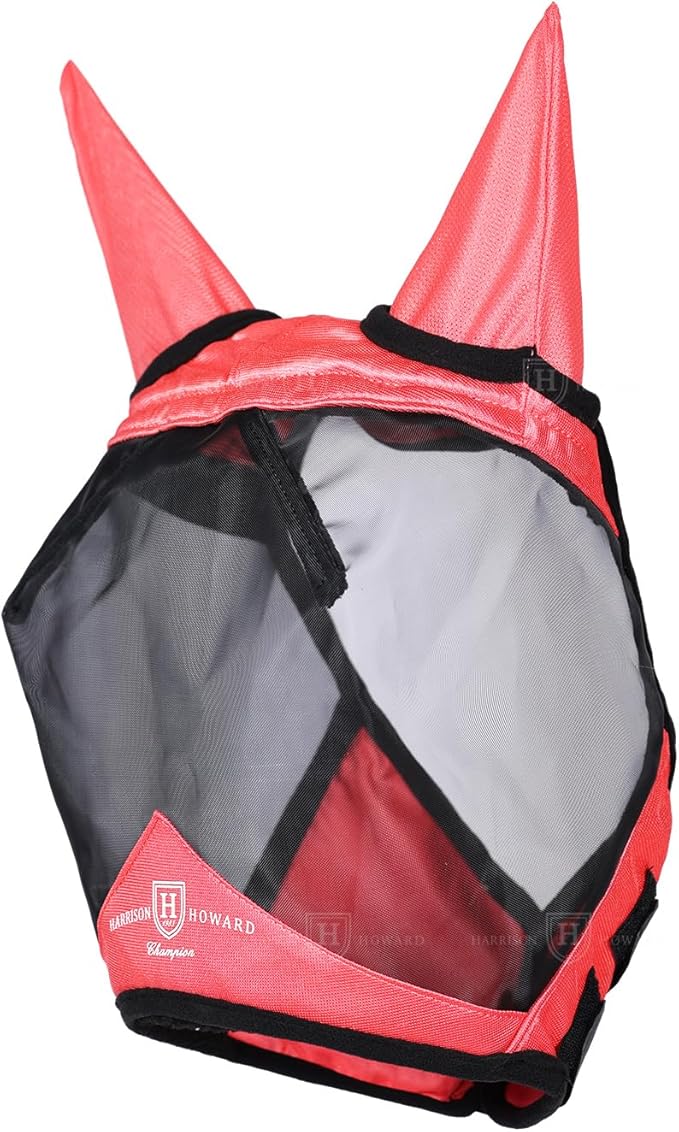 Harrison Howard Pro Luminous Horse Half Face Fly Mask Large Eye Space with Ears UV Protection for Horse Coral Orange XL