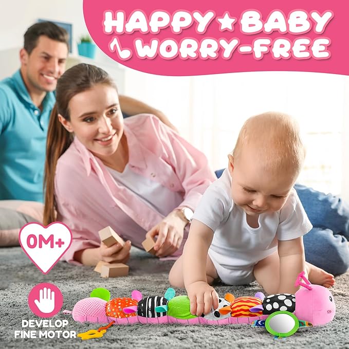 Baby Toys 0-6-12 Months,Musical Caterpillar Stuffed Animals Activity Infant Toys with Crinkle,Rattles,Mirror&Pull String,Muti-Sensory Toys Gifts for Newborn Tummy Time,Candy Pink|Leafy