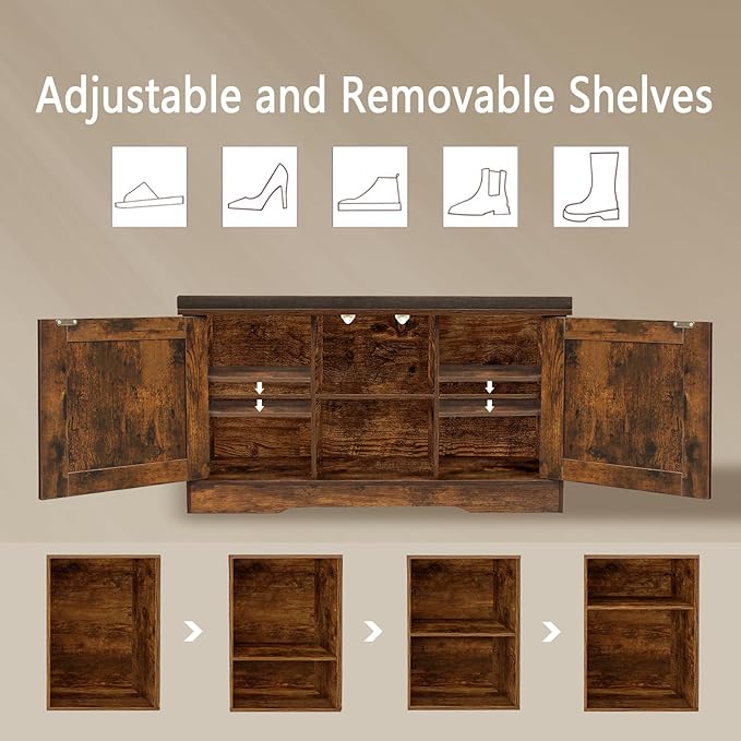 DINZI LVJ Shoe Bench, Entryway Storage Bench with Doors, Cushion, 2-Tier Shoe Rack with 6-Cubby, 31.5”L x 13.8”W Shoe Organizer Cabinet, Adjustable Shelf, Living Room, Bedroom, Rustic Brown