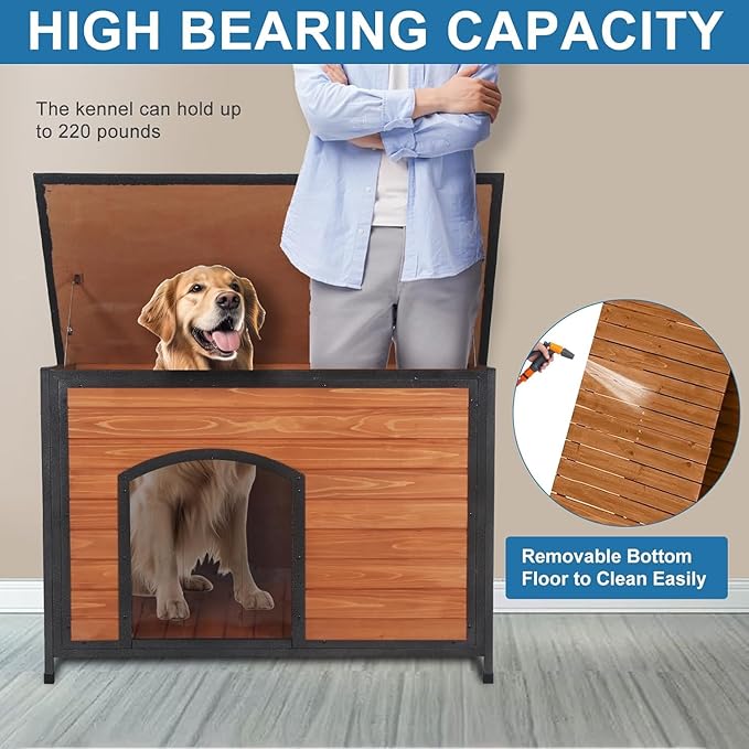 Dog House Outdoor Weatherproof 34.3" L Chew Proof Outside Dog Kennel for Small Medium Dogs with Strong Metal Chew Proof Frame Raised Design
