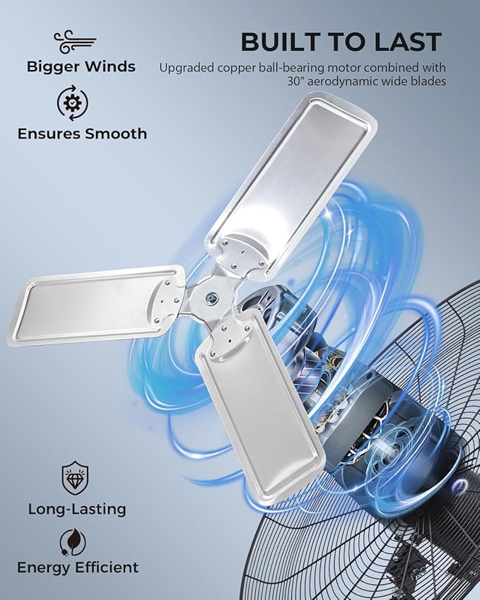 30 inch Wall Mount Fan Oscillating, 3-Speed 8850 CFM High Velocity Industrial Wall Mounted Fan, Heavy Duty Air Circulator for Garage, Shop, Gym, Workshop, Covered Patio - UL Listed