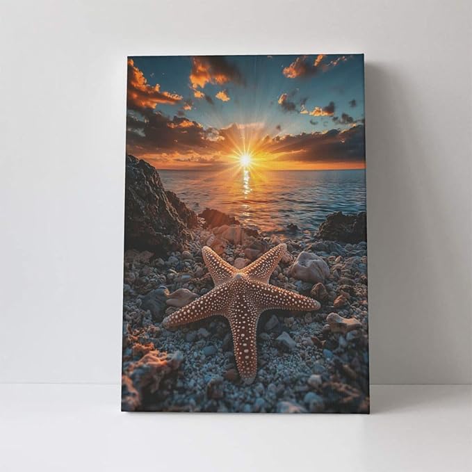 Beach Starfish Wall Decor Ocean Starfish Wall Art Sunset Scenery Coastal Theme Pictures Canvas Nature Seascape Painting Print Framed Artwork Decorations for Home Bathroom Living Room Bedroom Office 16"x24"
