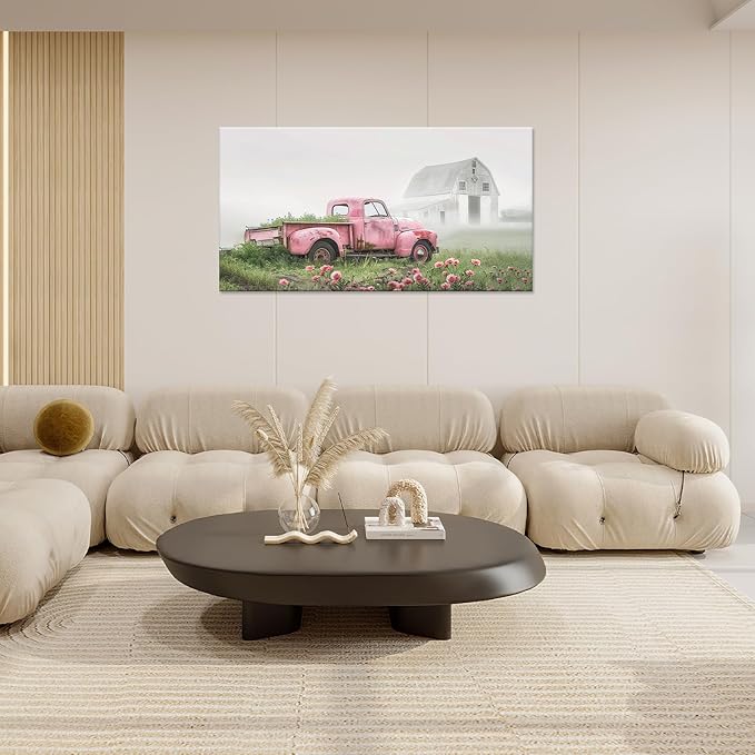 Large Rustic Farmhouse Pink Truck Wall Art for Living Room Country Barn Art Big Space Size Bedroom Office Framed Canvas Prints Pictures Painting Artwork Office Bedroom Home Decor 60"x30"