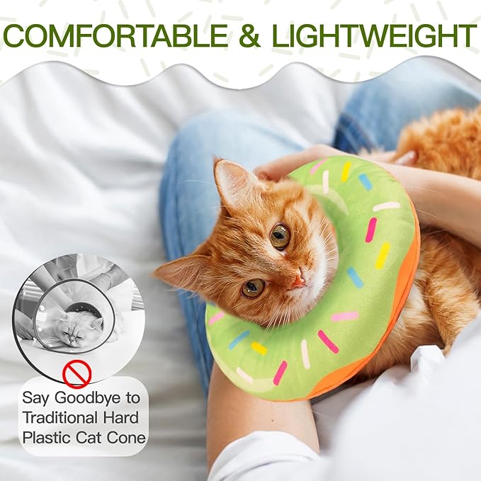 Cat Cone Collar Soft, Cute Cat Donut Collar After Surgery, Adjustable Kitten Recovery Cones to Stop Licking, Lightweight Neck Elizabethan Collars for Cats Kittens (Green, Small)
