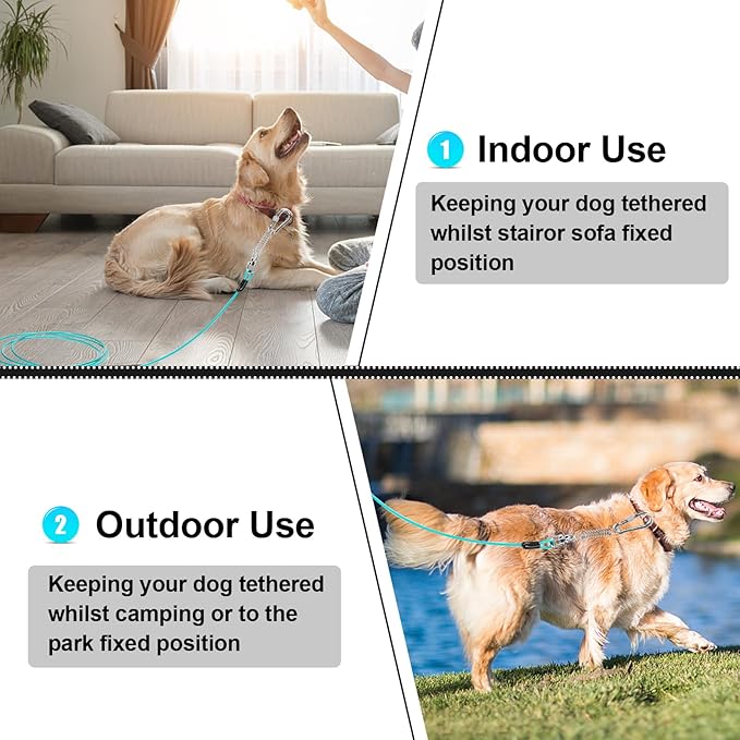 Jenico Dog Tie Out Cable, 10-150FT Runner Cable with Swivel Hook and Shock Spring, Yard & Camping Dog Leash Tether for Small to Medium Pets Up to 500 LBS
