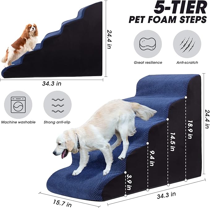 Dog Stairs&Steps for High Beds Up to 28'', 5-Step Dog Ramp for Small Medium Dogs with Washable Cover, Pet Steps for Cats to Get on Couch and Sofa, Durable Foam Ladders, 24.4" Tall, Blue