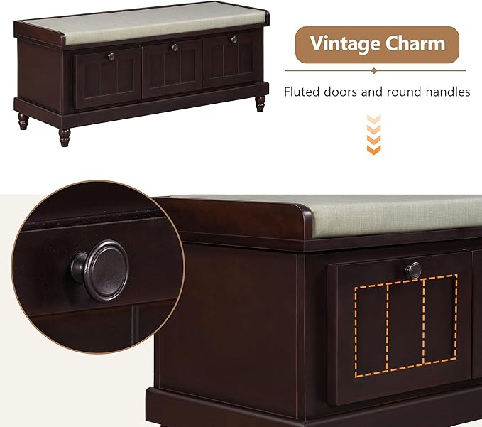 Classic Shoe Storage Bench with Cushion and Three Drawers, Fluted Entryway Bench with Storage for Entryway, Living Room, Hallways 44.0" L x 15.9" W x 18.9" H Espresso