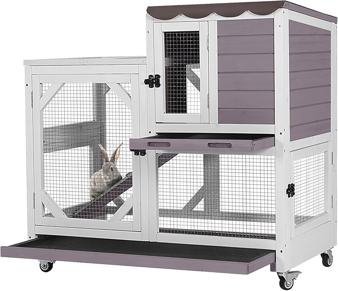 GUTINNEEN Rabbit Hutch Indoor Outdoor 2 Story Bunny House on Wheels Wood Rabbit Cage with 2 Pull Out Trays Guinea Pig Cage (Gray)