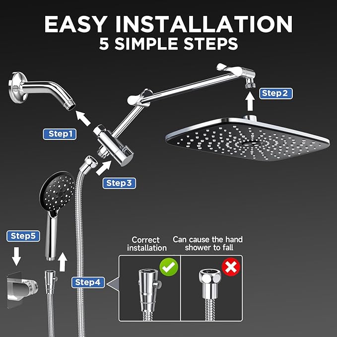 Veken Wide Rain Shower Head with Metal Main Body, High Pressure Showerhead with 6 Mode Handheld Spray Combo for Bathroom Accessories, Home Decor Detachable Dual Shower with Extension Arm,Silver Chrome