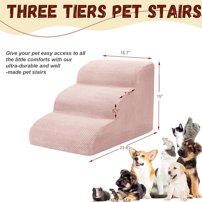 Dog Stairs for Small Dogs - High Density Foam Pet Steps, Extra Wide Dog Ramp with Non-Slip Bottom for High Beds, Couch and Sofa, Best for Dogs Injured, Older Doggy Cats,3 Steps, Pink