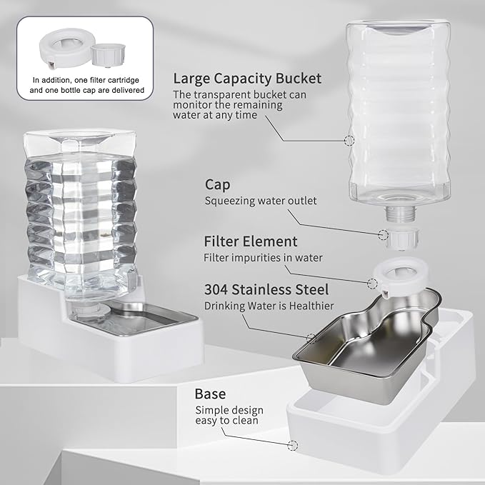 Automatic Pet Water Dispenser: 9L Gravity-Fed Stainless Steel Bowl - BPA-Free Large Capacity White Feeder for Dogs & Cats - Indoor/Outdoor Use