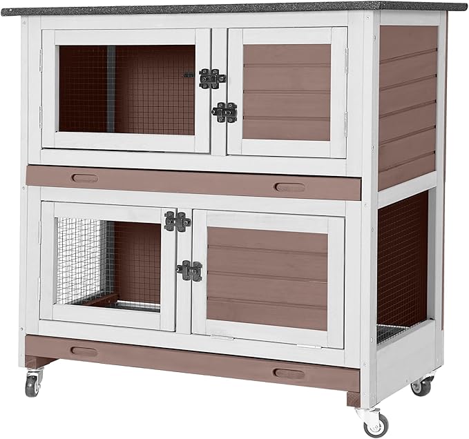 GUTINNEEN Rabbit Hutch Indoor with Chew-Proof Design, Wooden Bunny Cage Guinea Pig Cages with Lockable Wheels, Leak-Proof Trays for 1-3 Rabbits, Guinea Pigs, Small Animals (Brown)