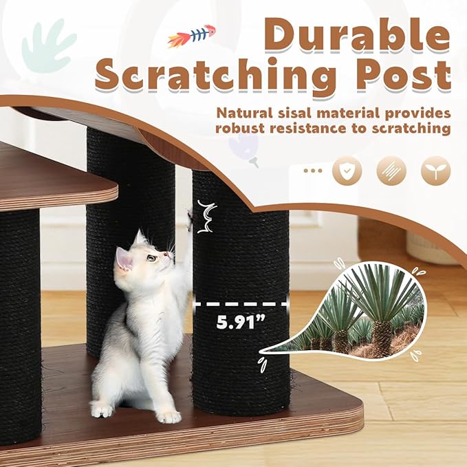 70.9'' Black Cat Tree for Indoor Cats Large Adult, Heavy Duty Cat Tower with Scratching Post, Modern Kitty Tree with Removable Mats, Semi-closed Condo and Transparent Bowl, Wooden Luxury Cat Furniture