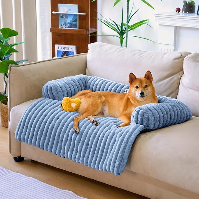 FUNNY FUZZY Pet Couch Cover for Sofa, Calming Dog Bed for Couch, Fluffy Plush Dog Couch Mat for Furniture Protector for Large Medium Small Dogs and Cats, Blue