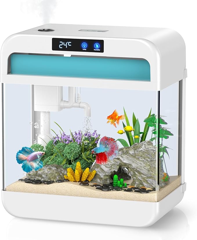 Fish Tank Aquarium 2.2 Gallon with 7 Color Auto-Looping Light, Fish Bowl with Humidifier 3 in 1 Pump - Filteration & Oxygenation & Circulation, Temperature Display, HD Float Glass, Thickened Base