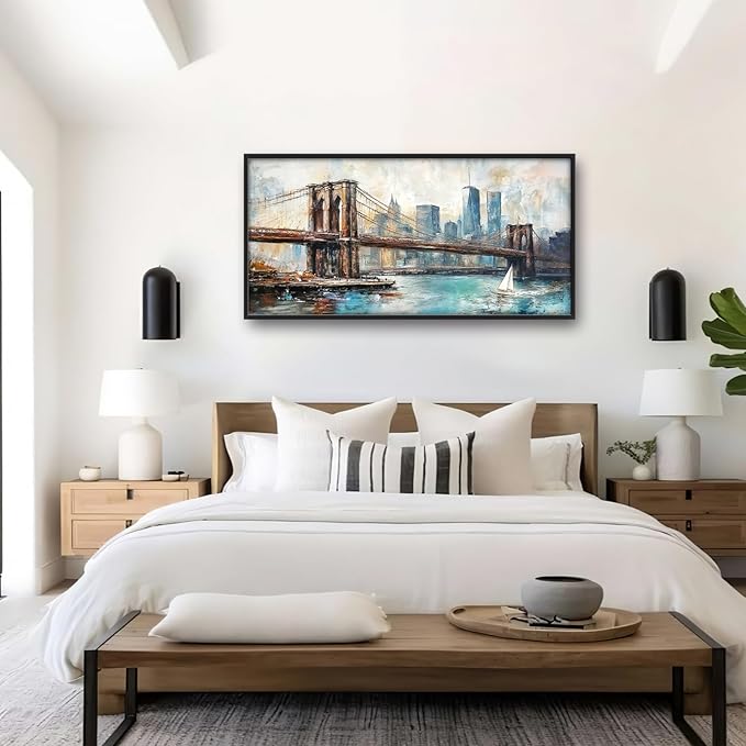 Extra Large Framed Brooklyn Bridge Wall Art,New York City Wall Decor,Abstract Skyline Cityscape Pictures for Living Room,Canvas Print Painting Modern Artwork Bedroom Office Bathroom 60L x30W