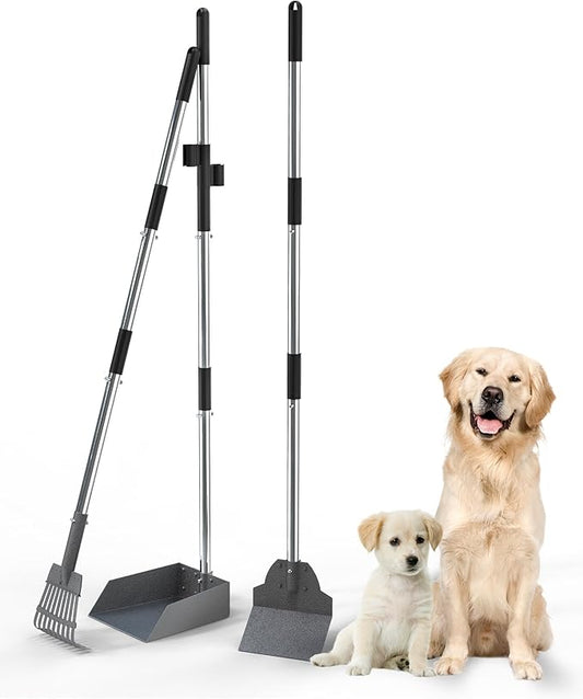 Dog Pooper Scooper Set, Stainless Metal Tray Rake Spade 3 Pack, Long Handle Pet Waste Scooper for Large Medium Small Dogs, Heavy Duty Poop Scooper for Yard, Grass, Dirt or Gravel
