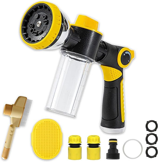 Dog Wash Hose Attachment, 10-in-1 Spray Mode Pet Shower Soap Sprayer with Grooming Comb Rubber Brush, Hose Nozzle with 100cc Soap Dispenser, for Watering, Car Wash, Dog and Horse Showering (Yellow)