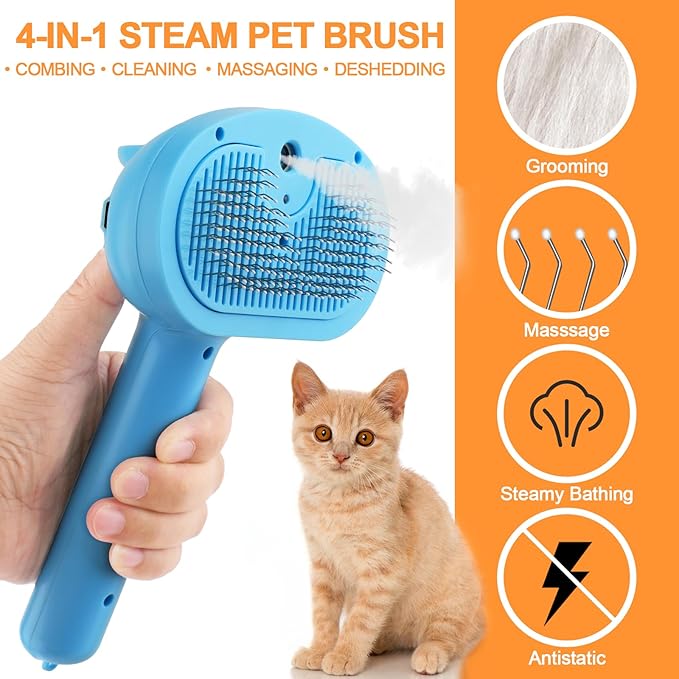 Cat Steam Brush for Shedding, 4 in 1 Steamy Cat Brush with Release Button, Self Cleaning Metal Pet Misting Hair Comb with Handle for Grooming Kitten Dog(Blue)