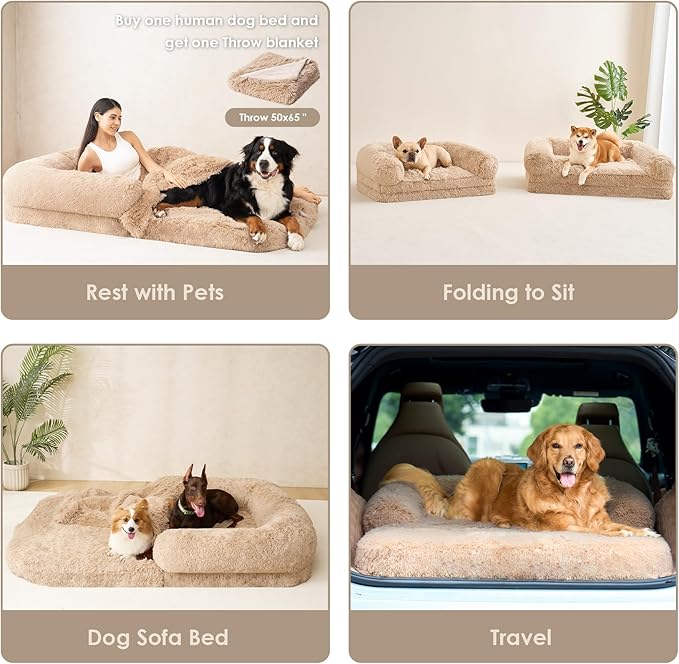 EHEYCIGA Foldable XXL Dog Bed, Faux Fur Fluffy Pet Couch Bed for Extra Large Dogs, Orthopedic Calming Memory Foam Big Pet Bed, Washable Soft Pet Sofa Bed with Non-Slip Bottom, Camel, 54"x38"x7.5"
