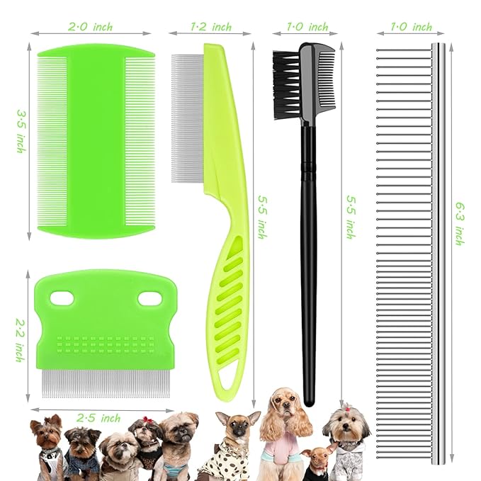 Flea and Lice Comb for Cats and Dogs - 2-in-1 Metal Round Smooth Teeth Pet Grooming Comb - Tear Stain and Mucus Crust Remover - Removes Floating Hair, Tangles, Dander (Green)