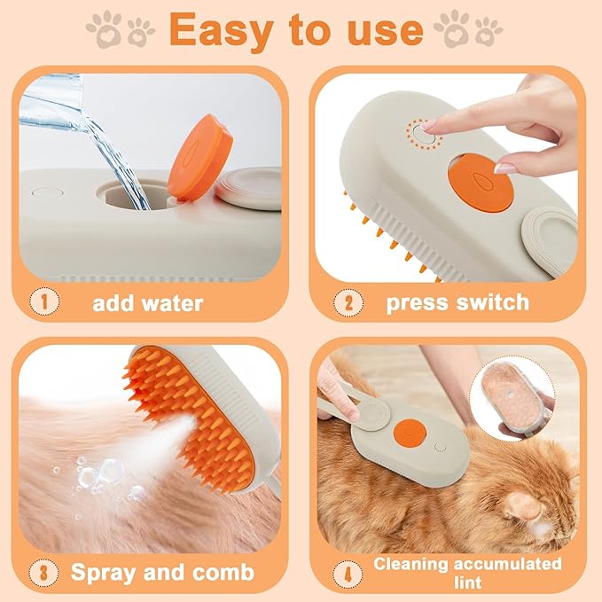 4-in-1 Cat Steam Brush Cat and Dog Anti-Static steam Brush with Spray for Massaging,cleaning,Shedding,Grooming,New Rechargeable Pet Grooming Brushes(cream khaki)