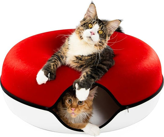 Cattasaurus Peekaboo Cat Cave, Extra Spacious for Multiple & Large Cats 12+ lbs, Scratch Detachable Cat Beds for Indoor Cats, Washable Tunnel Bed, Comfy Cat Donut Tunnel (Ruby Snowball, Jumbo)