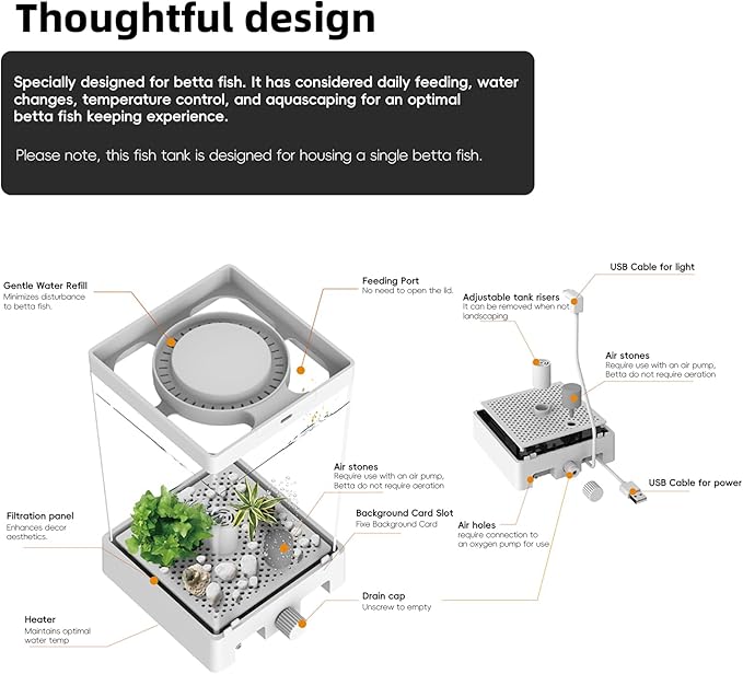 Betta Fish Tank, Smart Automatic Heating, Easy Water Change Valve, and Energy-Efficient LED Lighting - Perfect for Office, Home, and Bedrooms