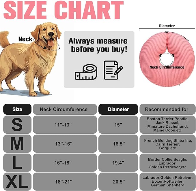 BINGPET Inflatable Dog Cone Collar Alternative After Surgery,Soft Recovery Cone for Dogs to Stop Licking,Protective Neck Donut E Collar Adjustable for Small Medium Large Dogs & Cats(Pink,L)