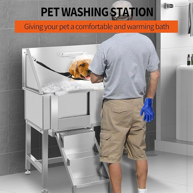 Dog Washing Station 38'' Stainless Steel Pet Grooming Tub for Large Dogs Over-Size Professional Dog Grooming Bathtub Station Wash Shower Sink Pet Grooming Bathtub Station,Left Door