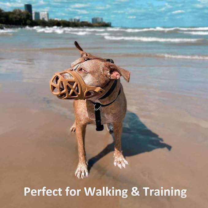 BARKLESS Dog Muzzle, Basket Muzzle for Biting, Chewing and Scavenging, Humane Cage Mouth Cover, Perfect for Grooming and Training Large Aggressive Reactive Dogs (L, Brown)