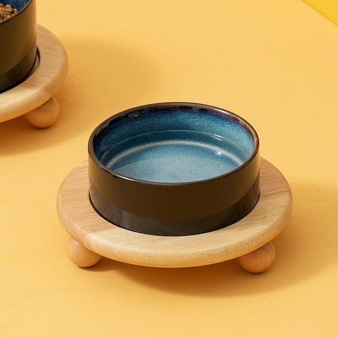 Ceramic Elevated Dog Food and Water Bowl, Kitty Bowl, Raised Dog Dish, Pet Feeder (6inch, 1 x Starry Sky + Stand)