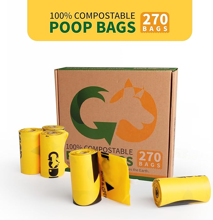Certified 100% Compostable Poop Bags for Dogs, 270 Count Guaranteed Leak Proof and 18 Microns Extra Thick Dog Waste Bag, 18 Rolls of Plant Based Doggie Poop Bag, No Scented with ASTM D6400 & EN13432