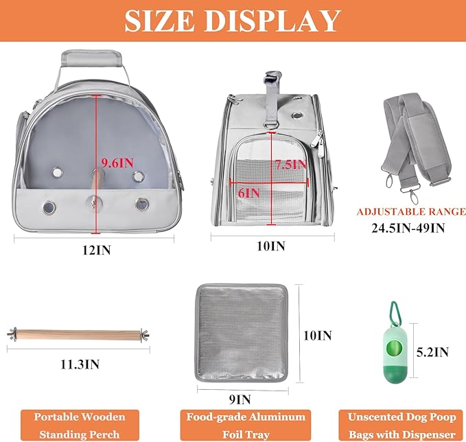 Bird Carrier Travel Cage with Stand, Small Bird Travel Carrier for Parrot with Perch, Side Access Window (Grey)